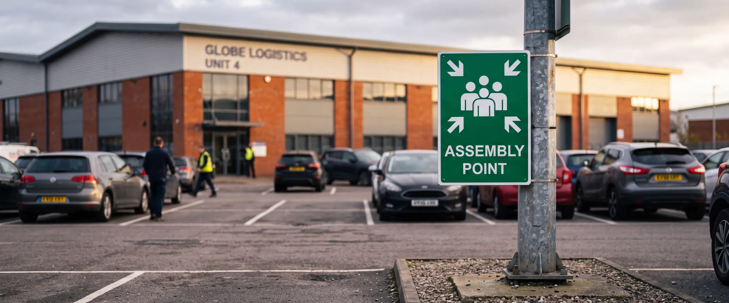 A green assembly point sign on a post in a UK workplace car park