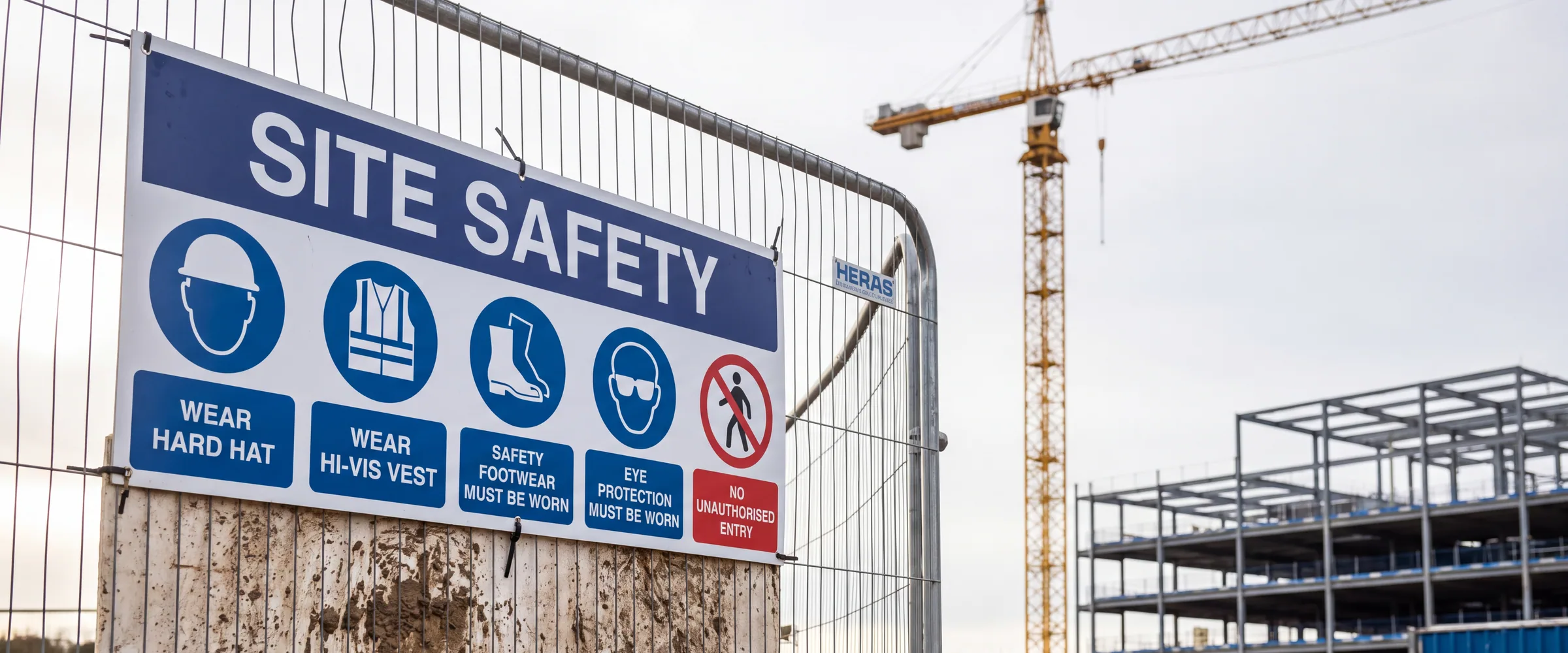 A multi message site safety board on fencing at a UK construction site entrance