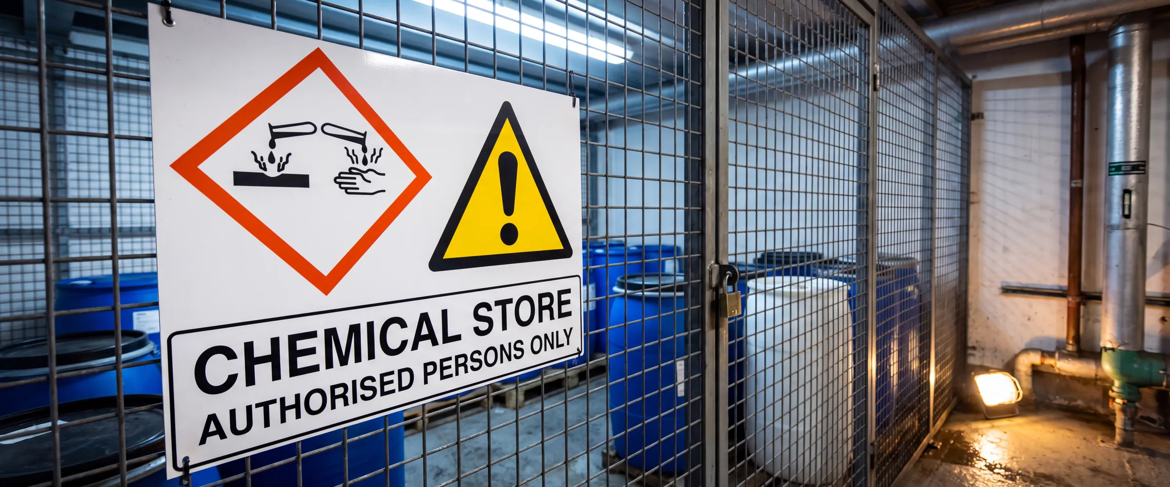 COSHH signage on a hazardous substance store cage door