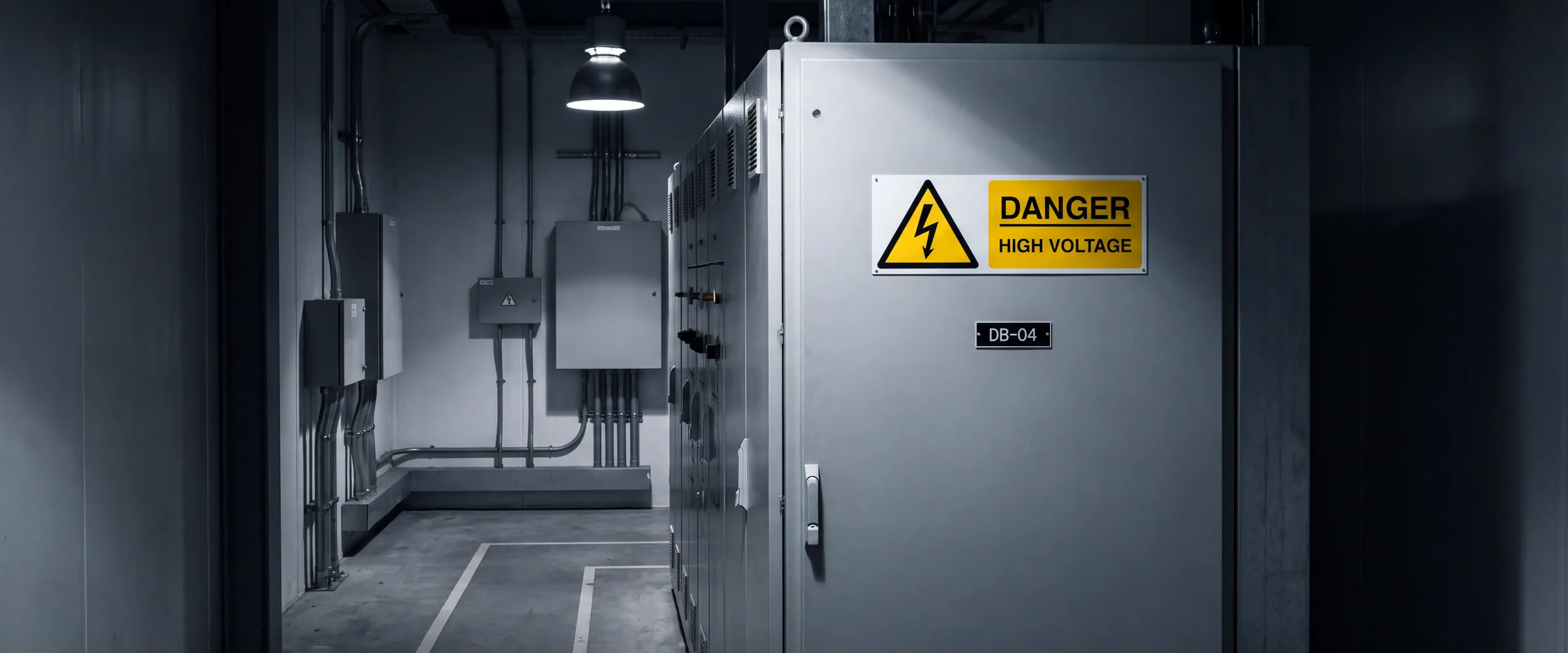 High voltage danger signage on an electrical distribution panel