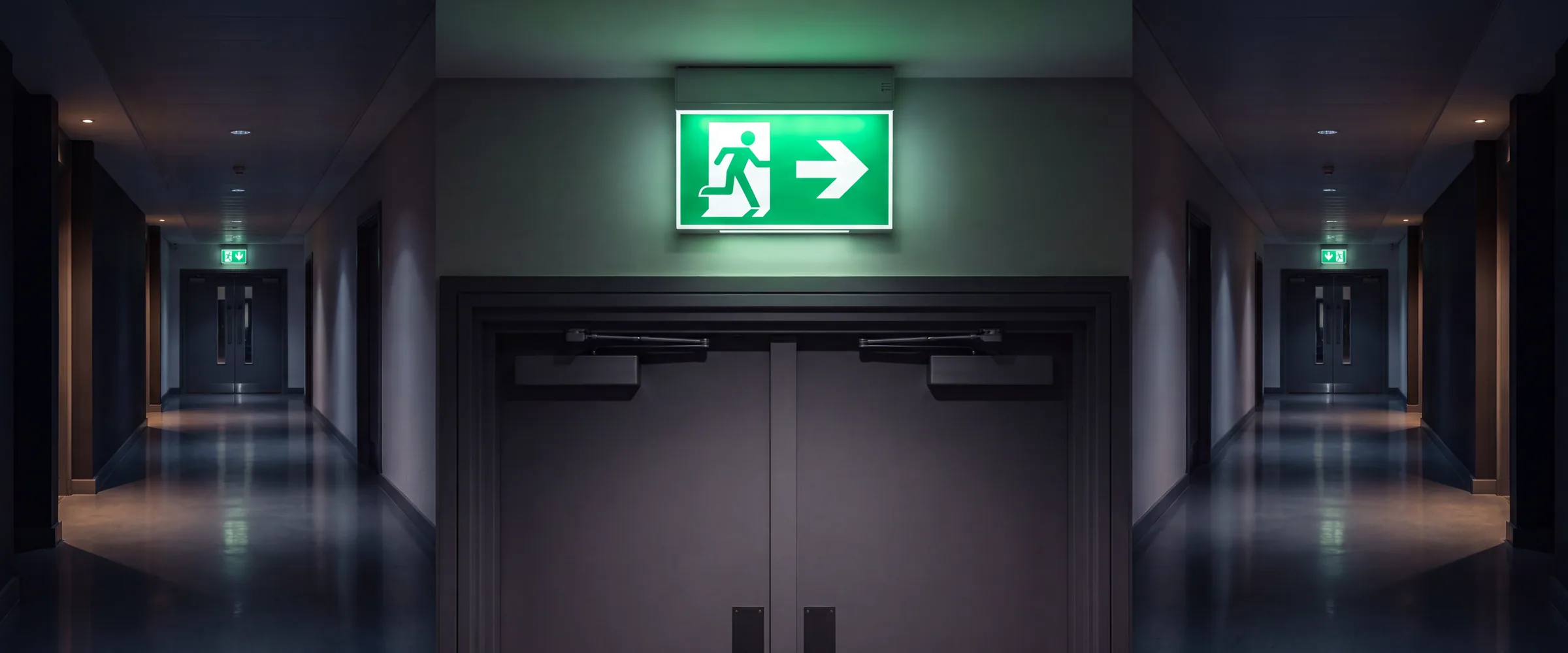 An illuminated green running man fire exit sign above a door